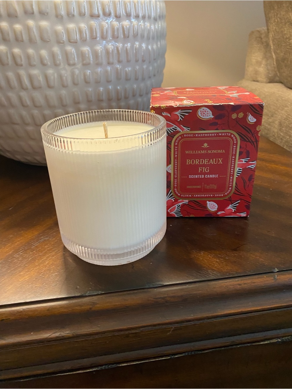 Williams Sonoma White Ribbed Glass Bordeaux Fig Candle